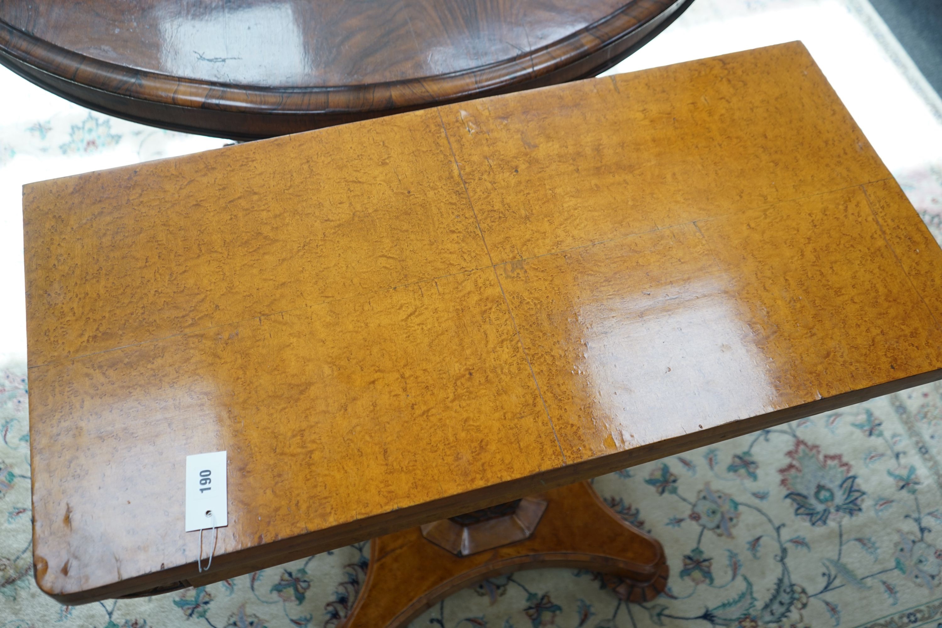 A William IV birds-eye maple card table on octagonal column, W 92, D 45, H 74 cm